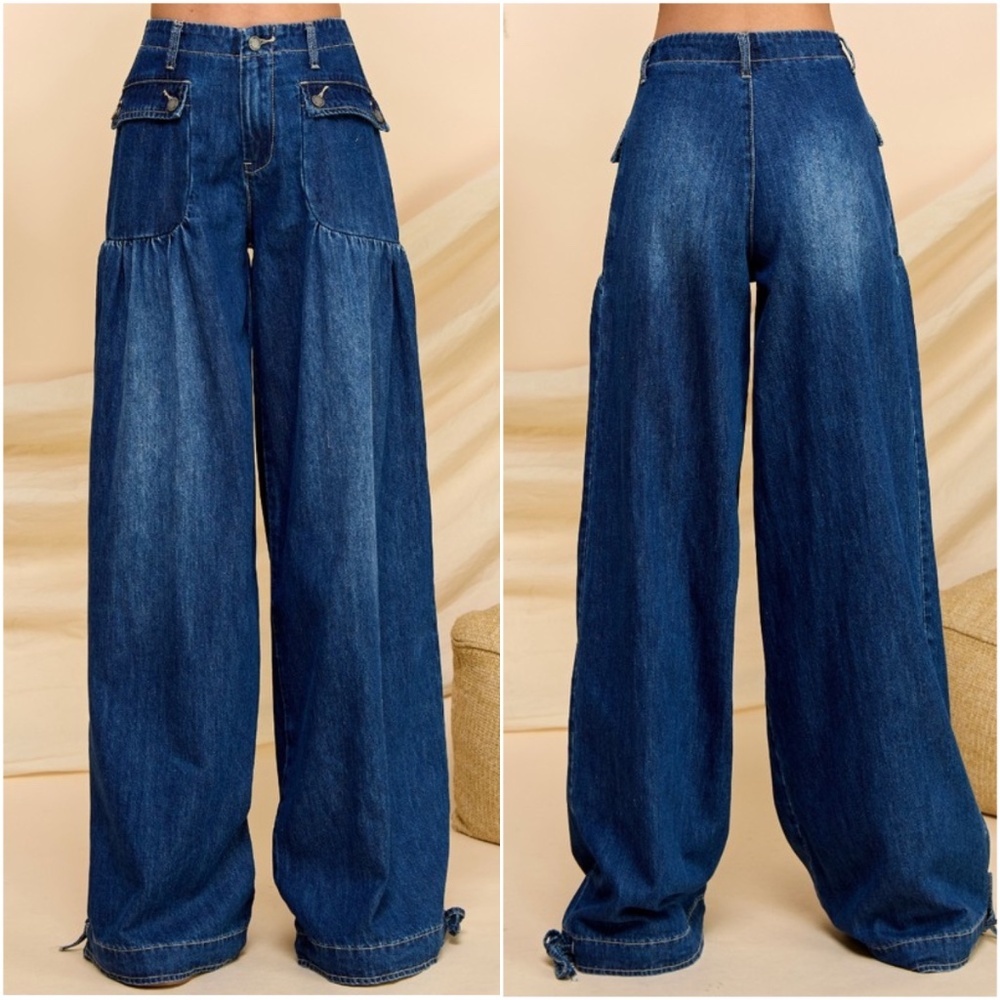Veveret Wide Leg Denim Pants Lg Dark Wash - Picture 2 of 8